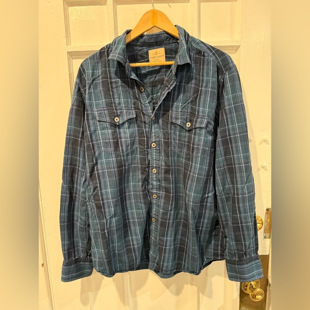 Tommy Bahama Navy and Green Plaid Shirt
